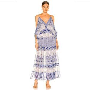 MISA Los Angeles Farah chiffon maxi dress blue print shoulder floaty new XS S